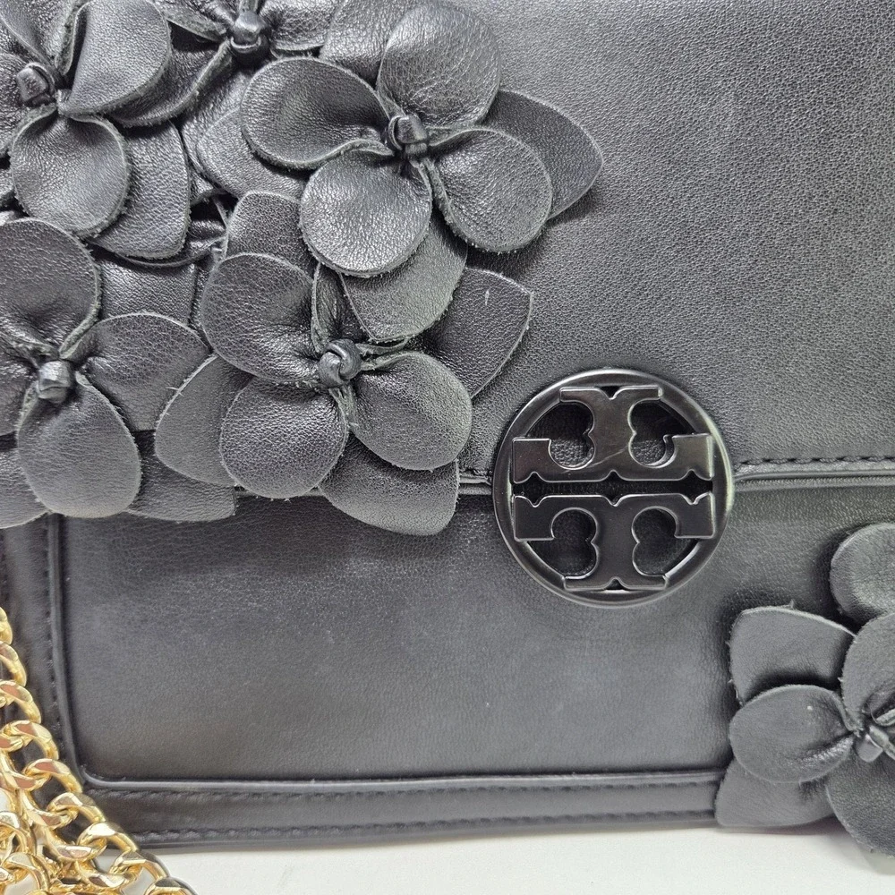 Tory Burch Duet Chain Flower Convertible Black Leather Shoulder Bag Gold Strap